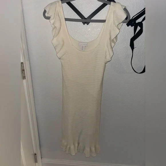 House of Harlow 1960 Ruffled Pointelle Mini Dress Ivory Knit XS Women - Picture 2 of 5